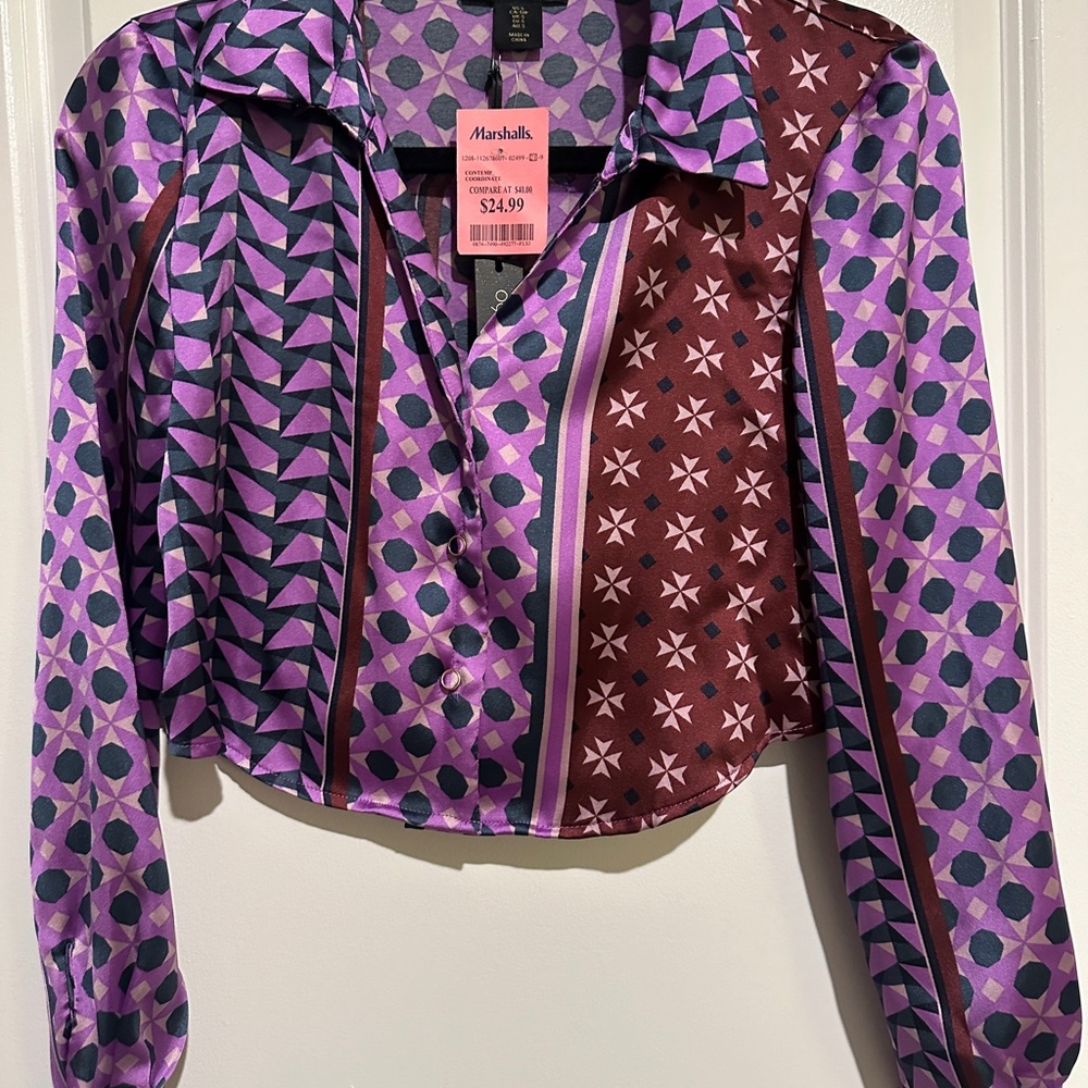 House of Harlow 1960 Crop Long Sleeve Purple Print Shirt